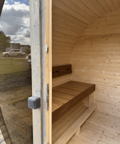 2 metrų apvali eglės medienos pirtis su termo medienos gultais