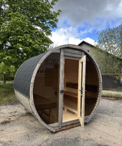 2M apvali barrel pirtis iš eglės medienos su tonuoto stiklo langais