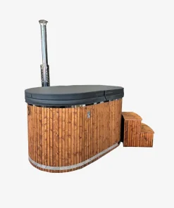 Ofuro vonia iš stiklo pluošto su laiptais ir odiniu dangčiu bei išorine krosnele